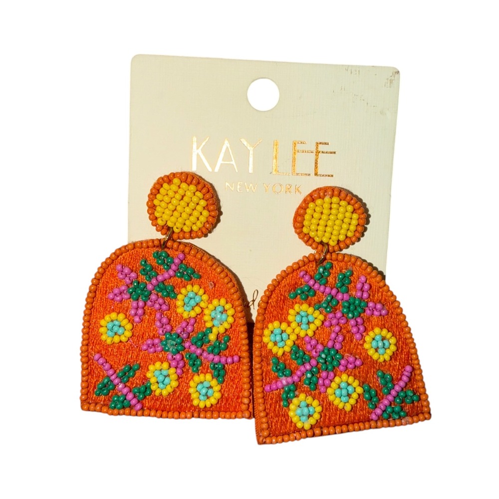 Kay Lee NWT Orange‎ Beaded Floral Arch Statement Earrings Boho India Gift
